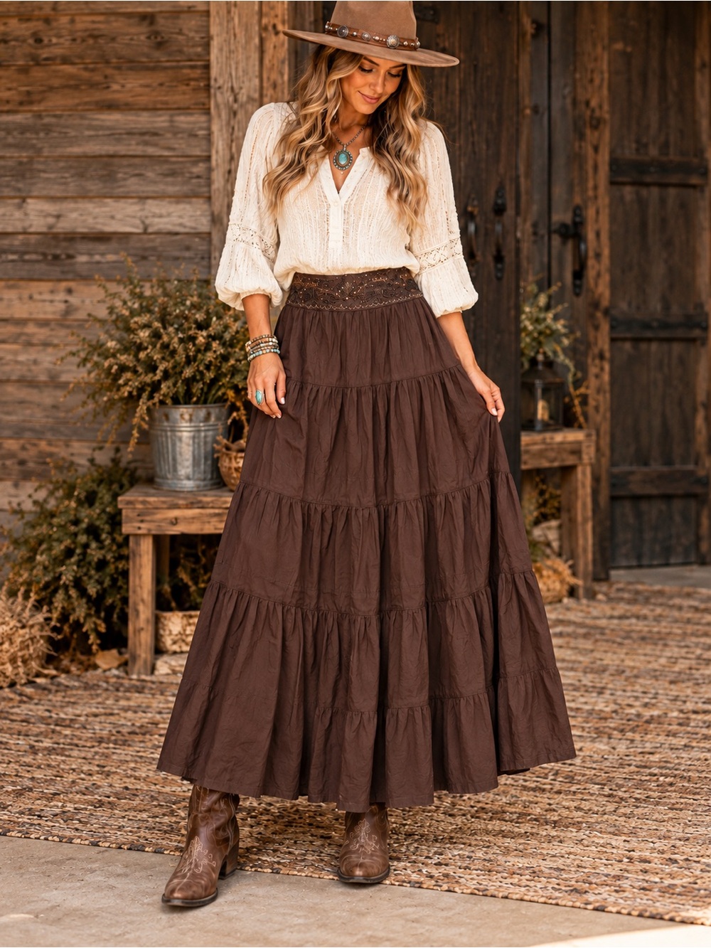 Old Navy Brown Boho Tiered Maxi Skirt Size 8 Embellished Waist Western